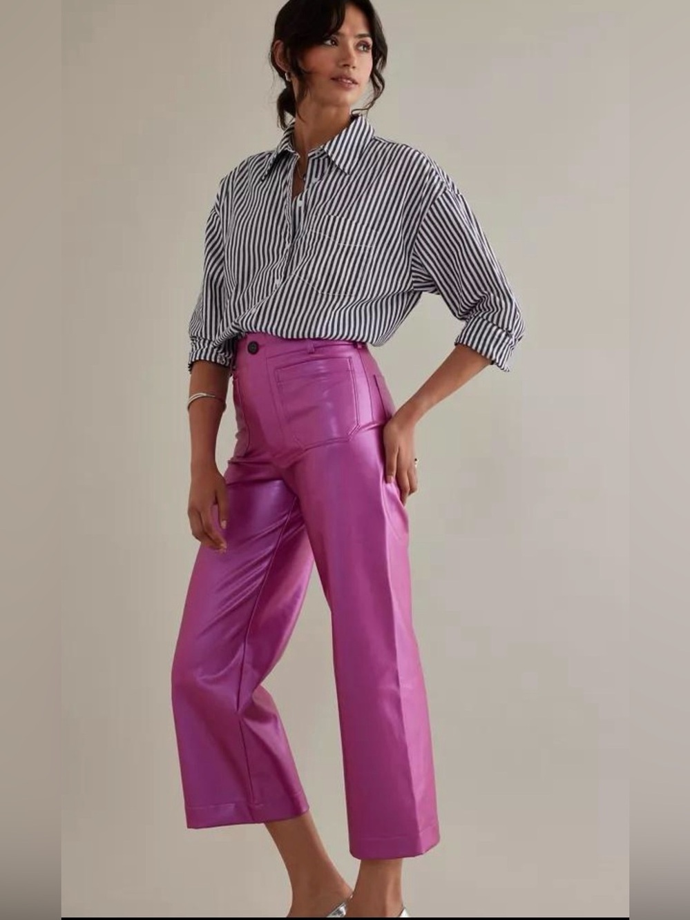 Anthropologie Maeve The Colette Pink Faux Leather Pants Size 24 Wide Leg Cropped